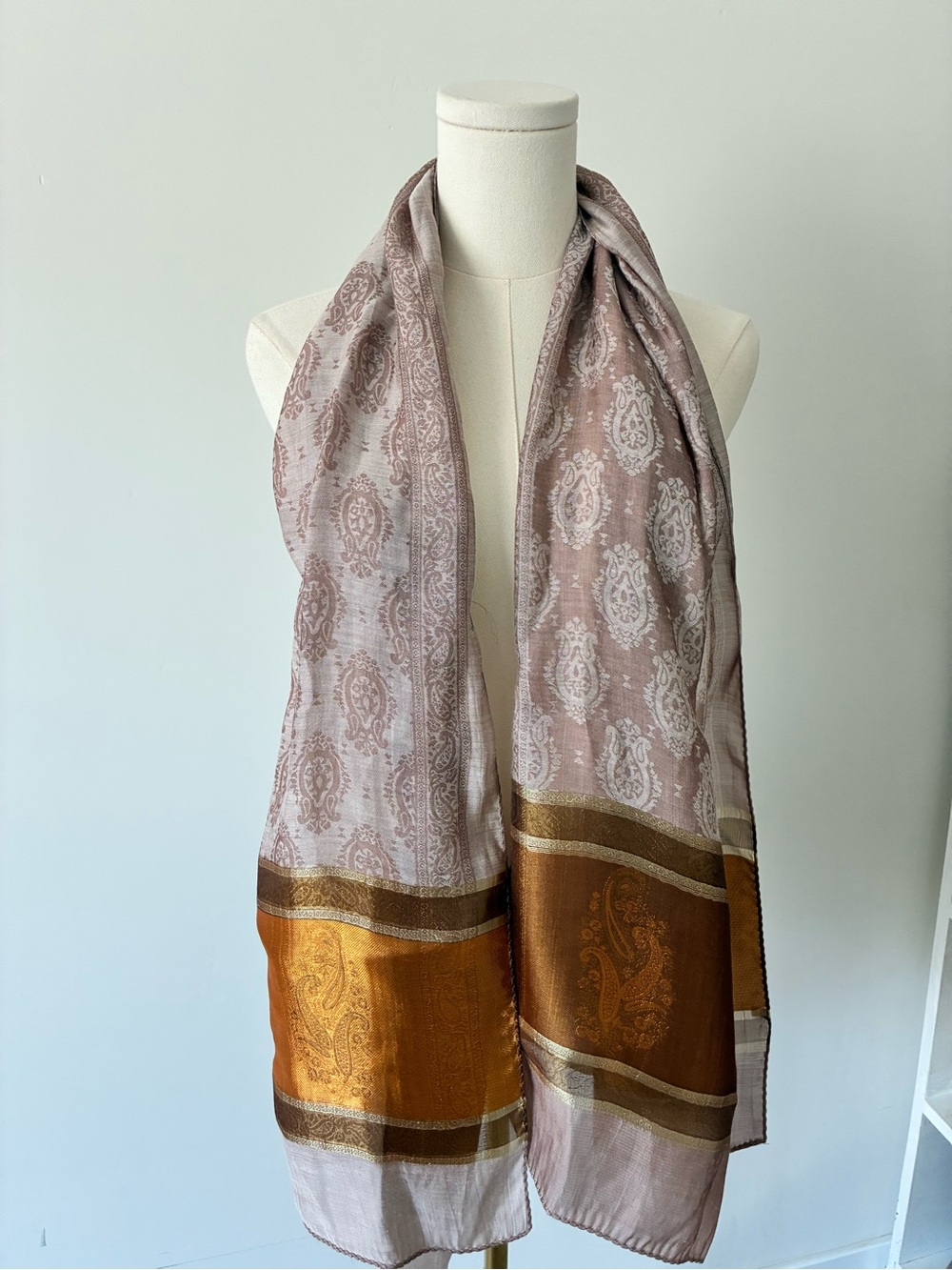 Light Dusty Pink Paisley Silk Scarf with Gold Accent